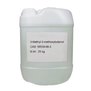 Chemical container labeled 3-Methyl-3-methoxybutanol, CAS 56539-66-3, net weight 25 kg.