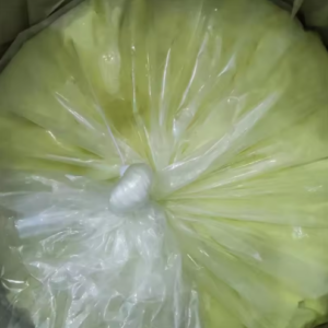 Large pale yellow-green cabbage inside a clear plastic bag, tied at the center.