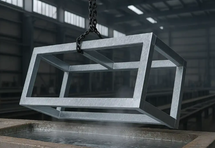 Galvanized steel hollow rectangular frame suspended by a chain in an industrial workshop.
