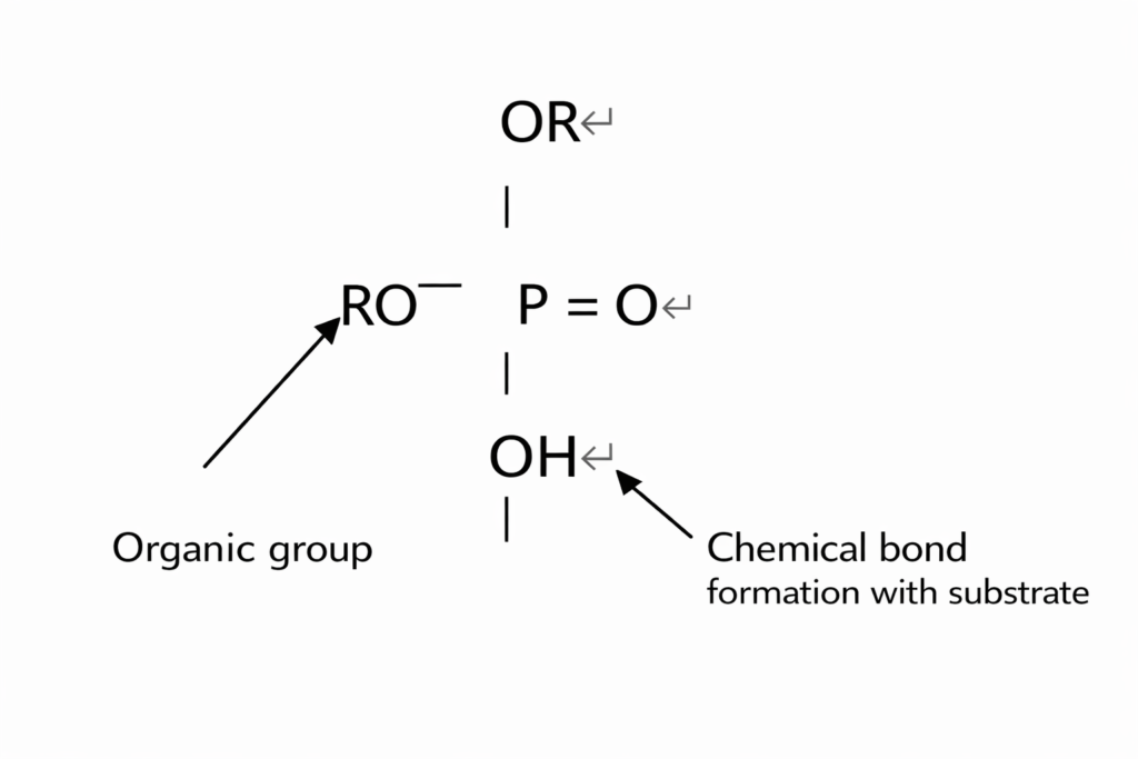 Schematic of a phosphate group with RO− and OH; shows bond formation with a substrate at the OH site.