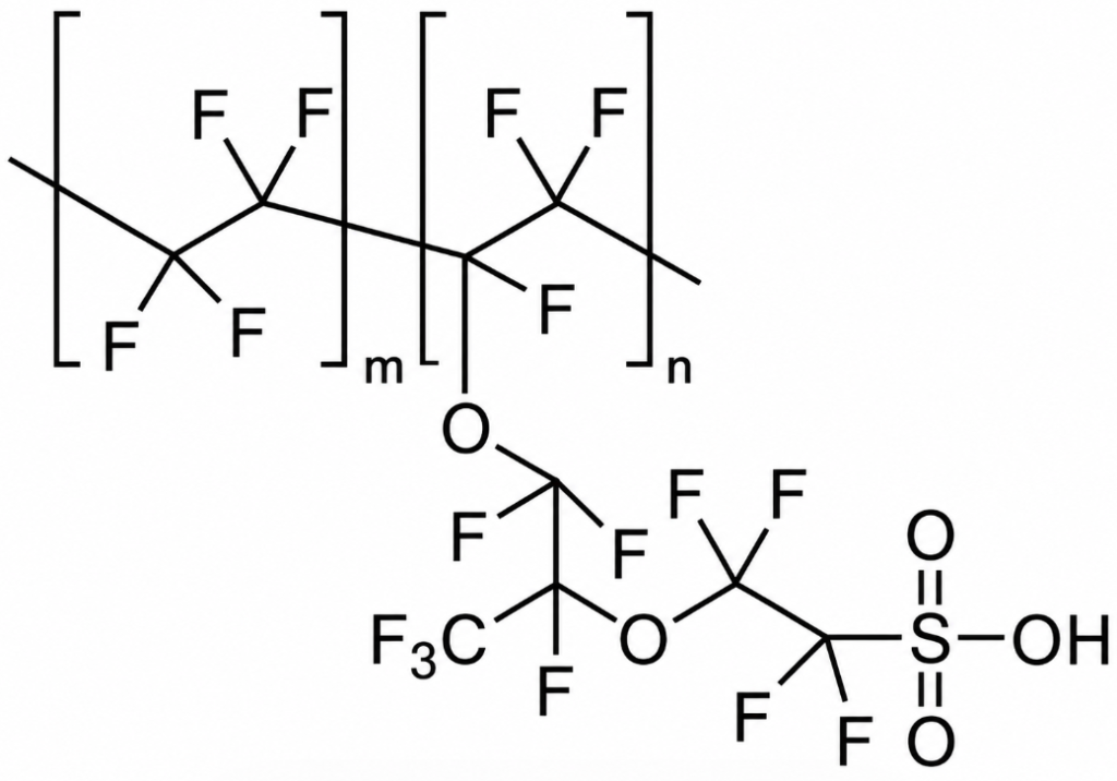Chemical structure of a fluorinated polymer with repeating CF groups and an ether-linked side chain ending in a sulfonic acid group (–SO3H).