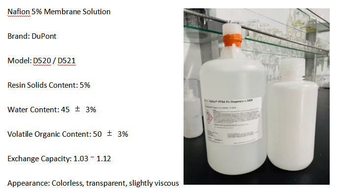 White plastic bottle with orange cap labeled Nafion 5% Membrane Solution on a lab bench beside a smaller container