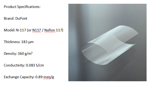 Product specifications panel with brand DuPont and model N-117; shows a translucent curved sheet image on the right, outlining its properties (thickness 183 μm, density 360 g/m², conductivity 0.083 S/cm, exchange capacity 0.89 meq/g)