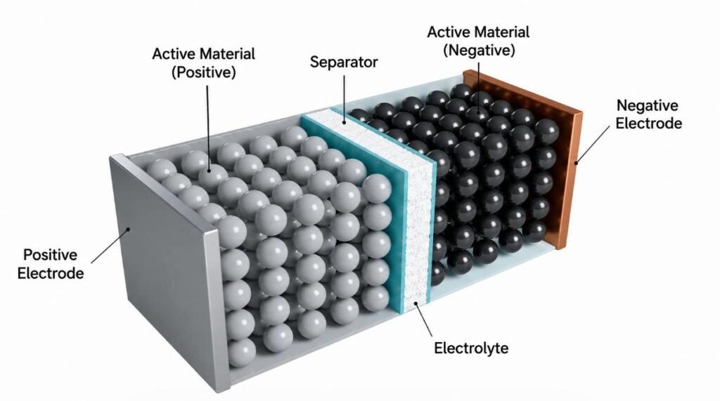 Cross‑section of a battery showing the positive electrode, separator, electrolyte, and negative electrode with active materials labeled