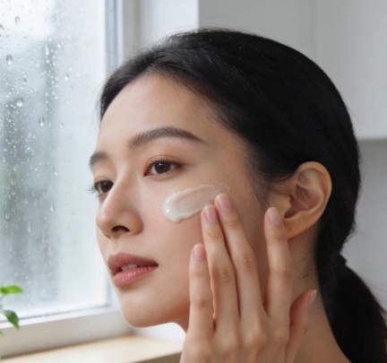 Refreshing to the touch – quartz-chem Woman applying white cream to her cheek with fingertips by a window, part of a skincare routine.