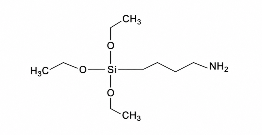 Silane Coupling Agent – quartz-chem Chemical structure of 3-aminopropyltriethoxysilane: a silicon atom bonded to three ethoxy groups and a propylamine chain.