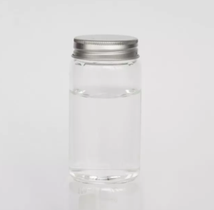 Trimethoxypropylsilane Clear glass bottle containing water with a silver screw-top lid on a white background.