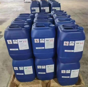 n-Octyl triethoxy silane Blue plastic chemical drums with hazard labels stacked on a wooden pallet in a warehouse setting